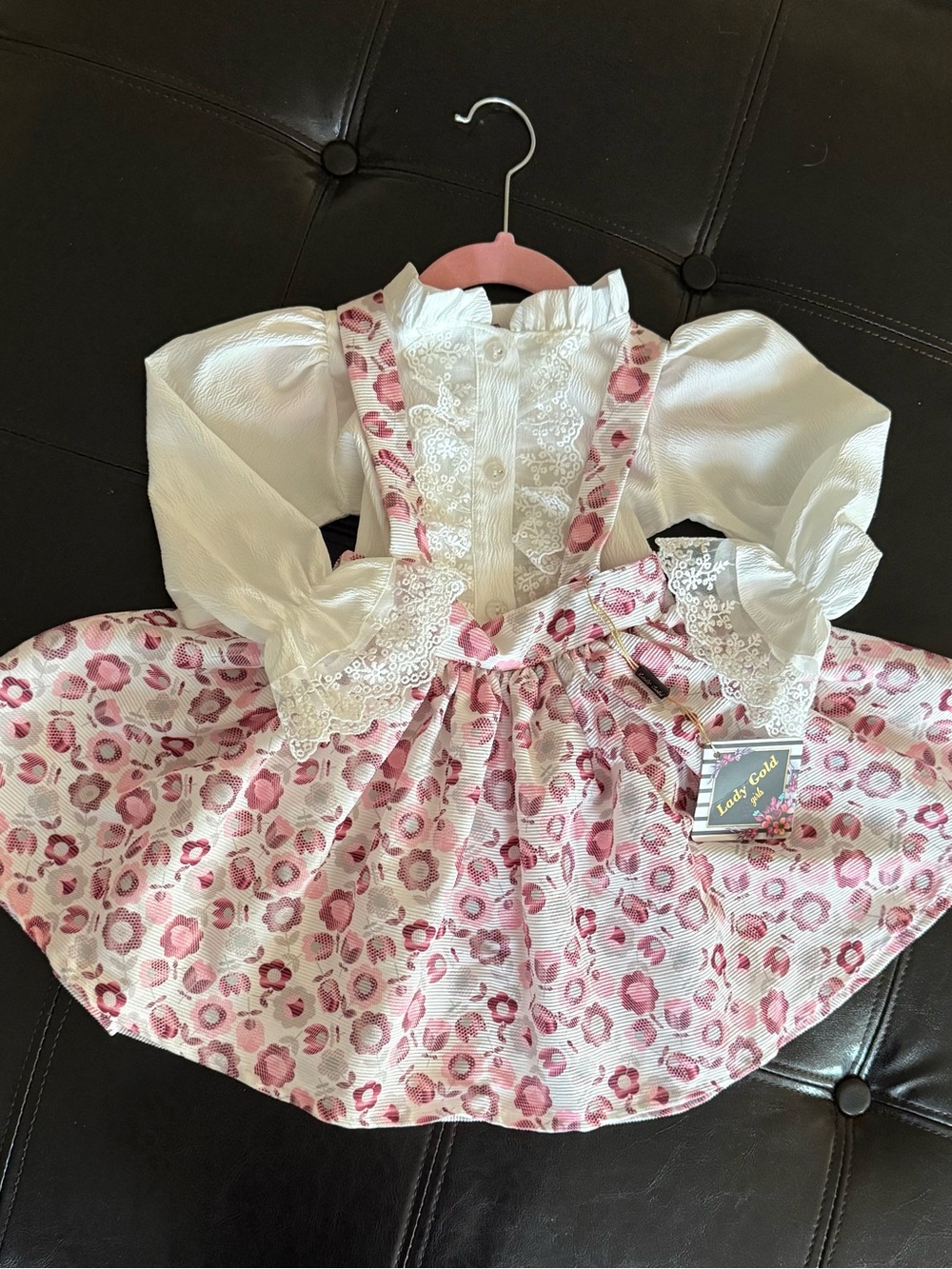 Pink Floral Girls Dress with White Lace Blouse